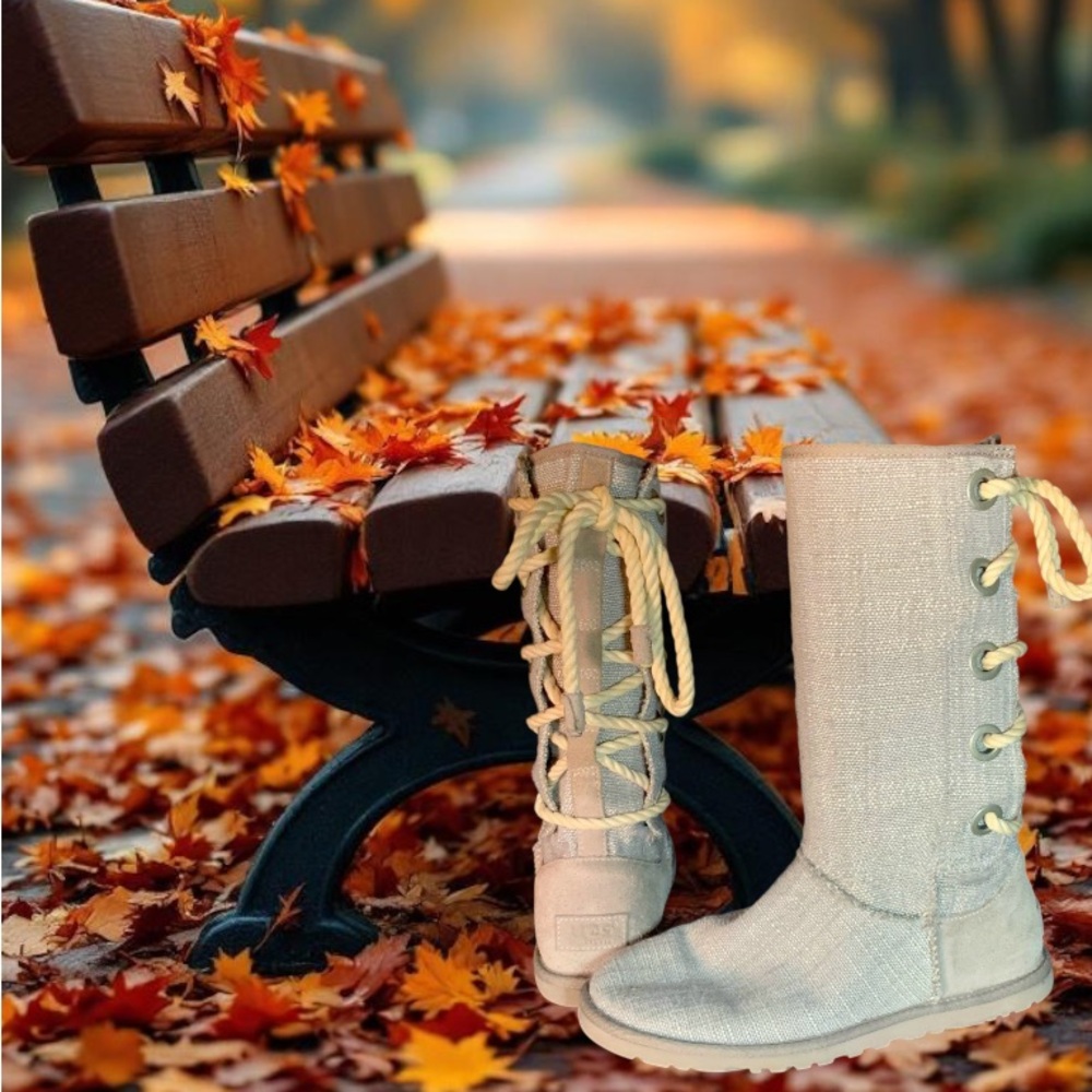 Grey Thick Linen-Like, Lace-Up Boots